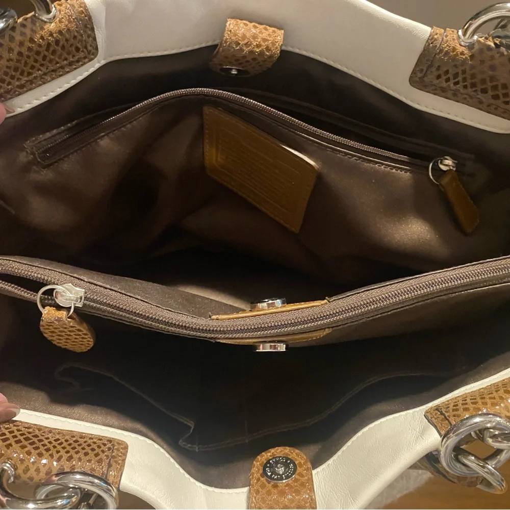 Coach Cream Leather Bag with Brown snake print handles and trims